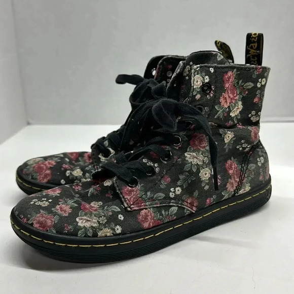 Dr Martens Hackney Combat Boots Canvas Lace Up Ankle Black Pink Rose Floral 6 - Picture 4 of 10